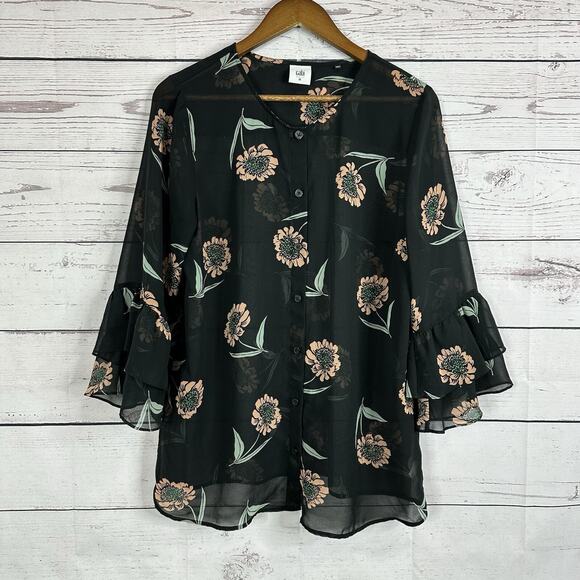 CAbi 5206 Blouse Women Medium Black Floral Ruffle Sheer Flowy La Di Da Shirt Top - Picture 1 of 11